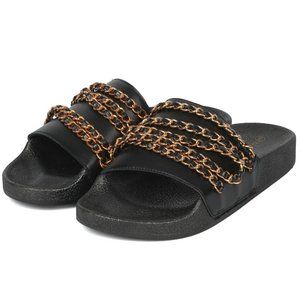 Wild Diva Vegan Leather Wrapped Chain Strappy Open Toe Black Slide Sandal
